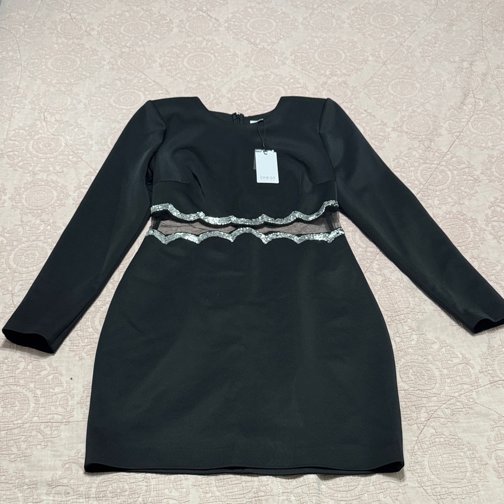 Chic Black Long Sleeve Dress with Silver Detailing
